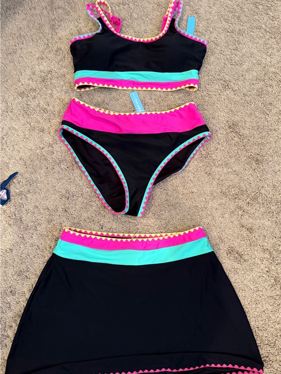 Popvil Other - Women's Black Three-Piece Swim Set with Pink and Aqua Trim